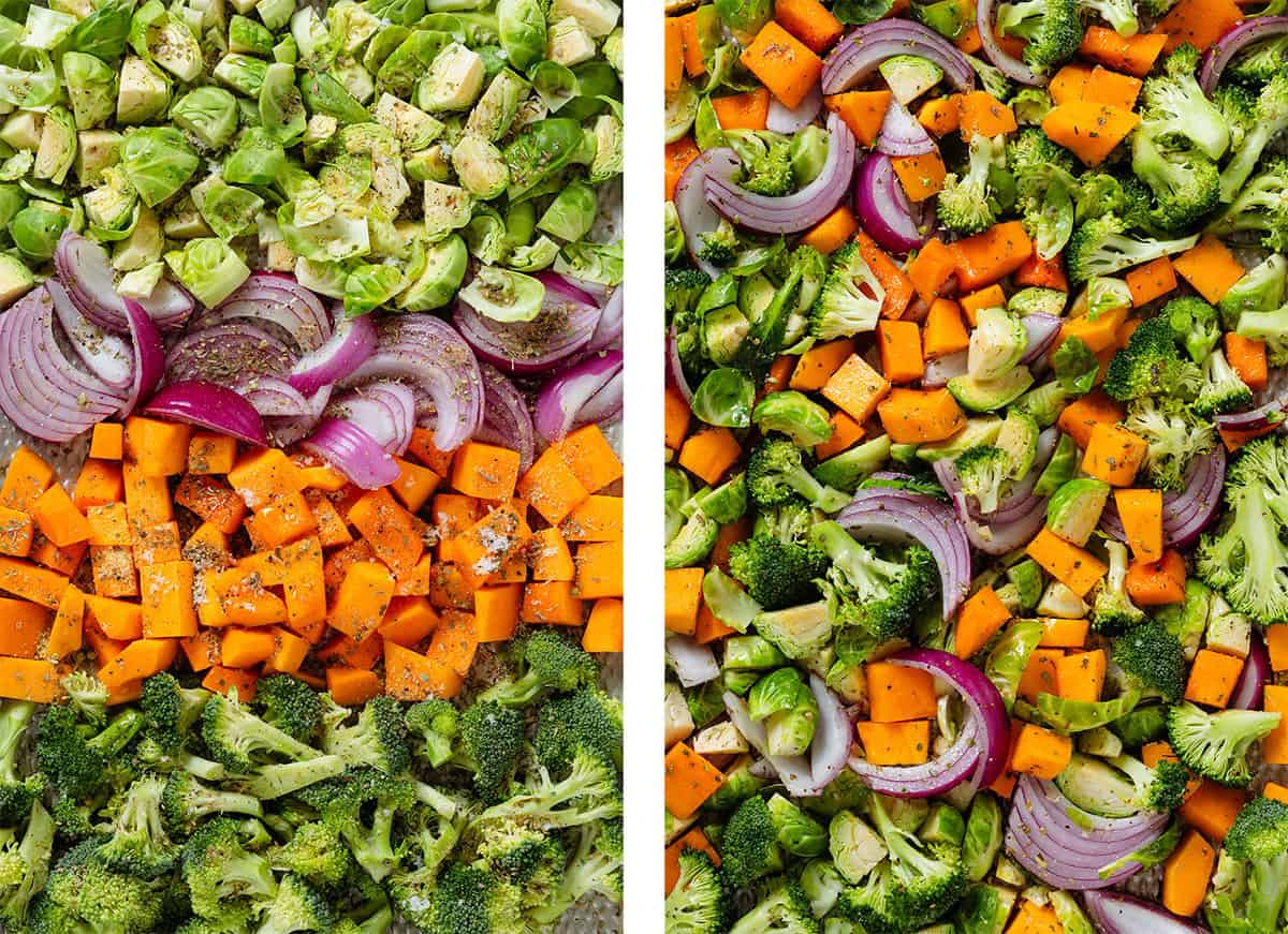 A baking sheet with diced brussels sprouts, butternut squash, broccoli, and red onion tossed with spices and oil.