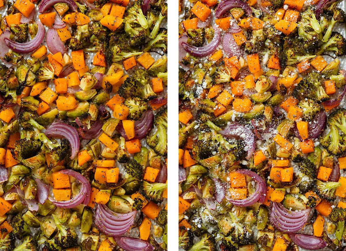 Roasted mixed fall vegetables on a baking sheet before and after sprinkling with grated pecorino.