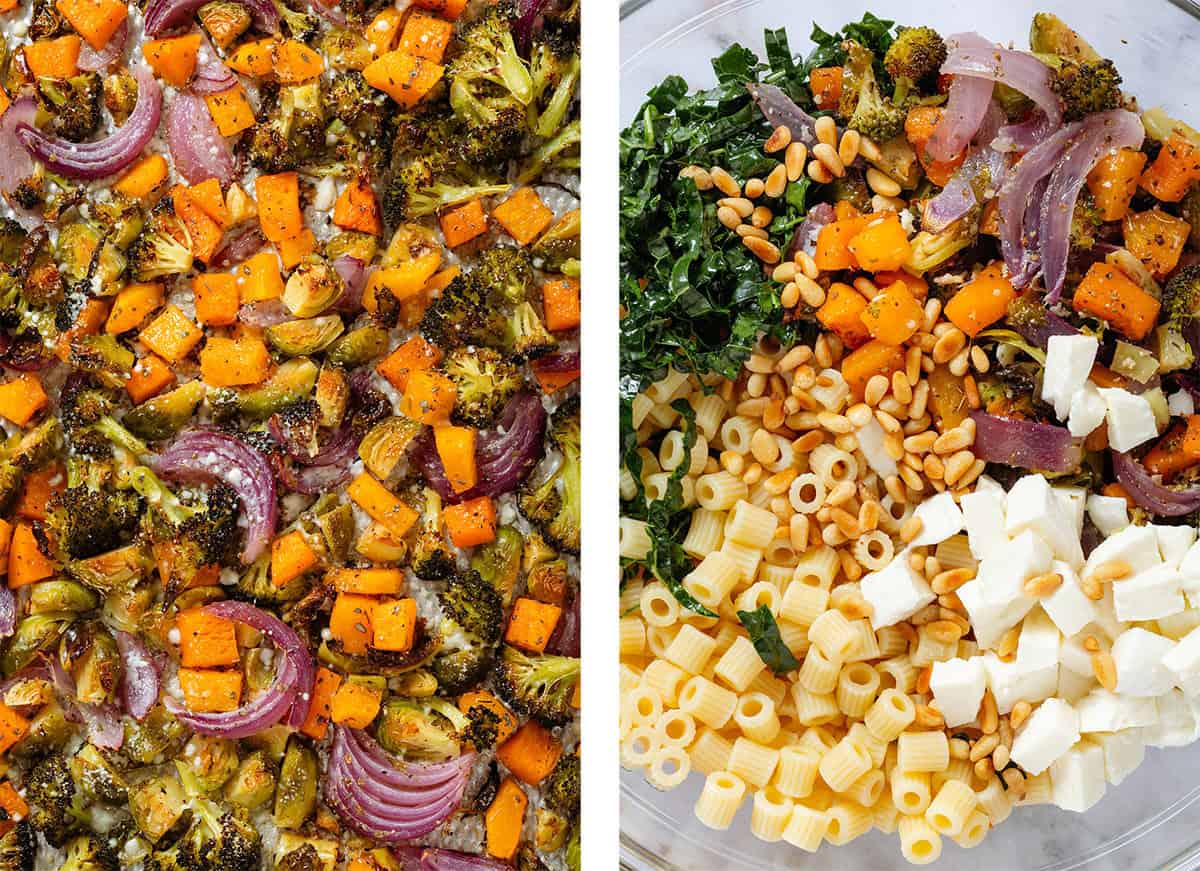 Roasted fall veggies on the left and a large glass bowl with them, cooked pasta, diced mozzarella, kale, and pine nuts.