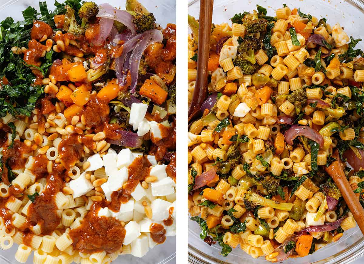 Fall pasta salad in a glass bowl drizzled with sundried tomato vinaigrette on the left and everything tossed together on the right.