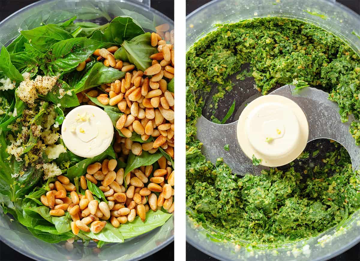 A food processor with fresh basil, pine nuts, miced garlic, and black pepper before and after blending into a coarse paste.