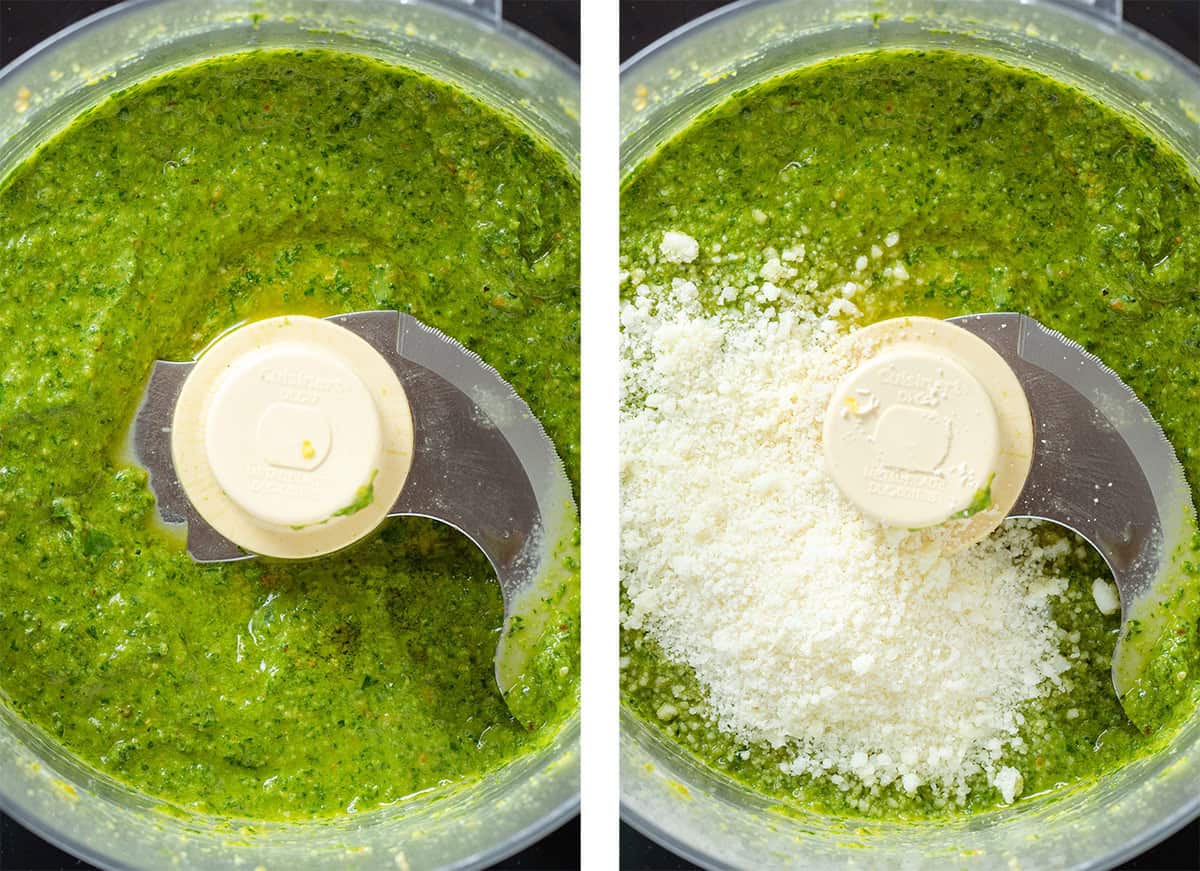 Blended pesto in a food processor before and after adding grated pecorino.