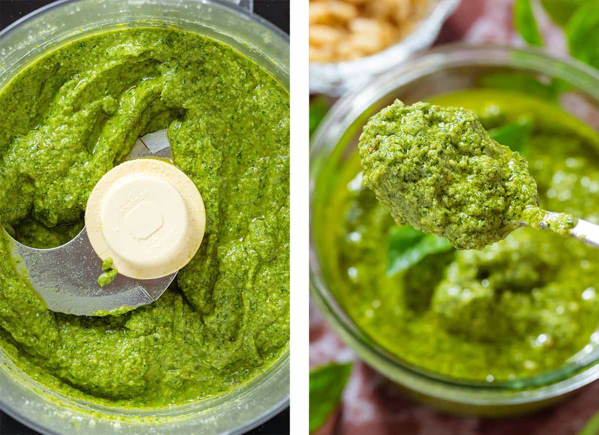 Finished bright green pesto in a food processor on the left and a spoonful of it on the right.