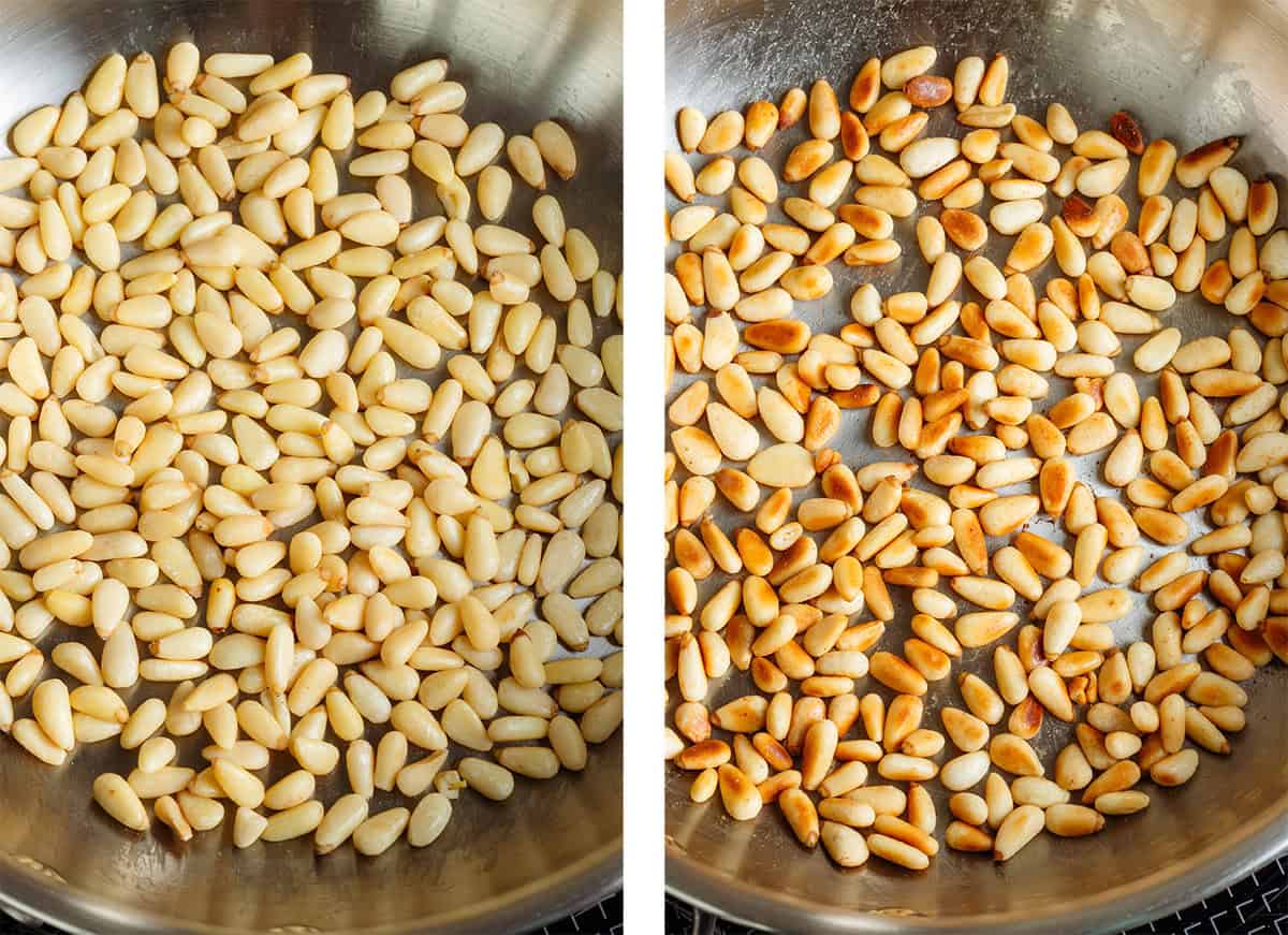 Pine nuts toasting in a small stainless steel pan.
