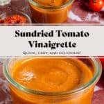 Blended sundried tomato vinaigrette in a glass jar surrounded with tomatoes and fresh basil.
