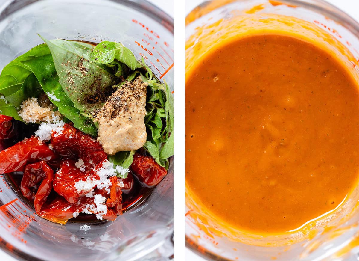 Sundried tomatoes, fresh basil, dijon, vinegar, and spices in a large glass measuring cup before and after blending.